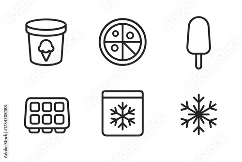 Outline icons of frozen foods: ice cream, pizza, popsicle, ice cube tray, frozen package, snowflake