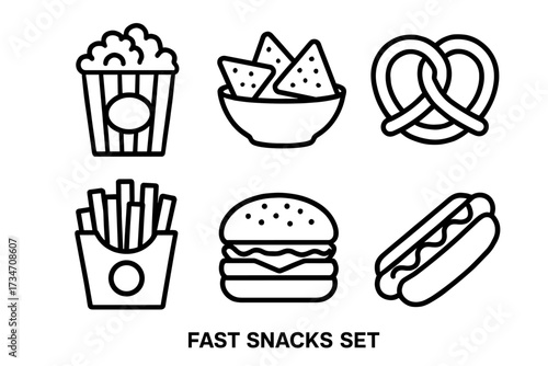 Icon set of popular fast snacks including popcorn, nachos, and more