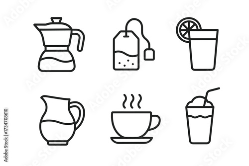 Drink icons: coffee, tea, juice, milk, and beverage line art collection