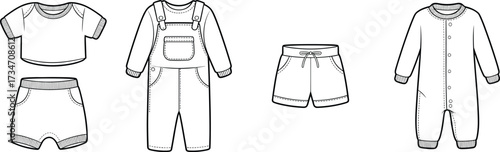 Children's clothing vector set, baby apparel illustration, black and white kids fashion, t-shirt, shorts, onesie, overalls, outfit design