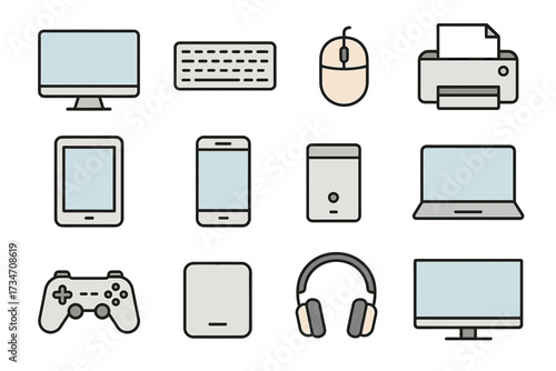 Collection of electronic device icons including computer, keyboard, mouse, and more
