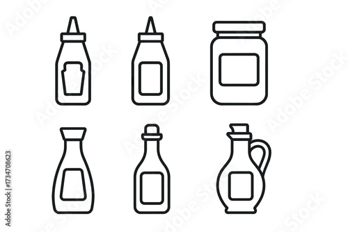 Outline icons of various sauce bottles and jars in simple black and white