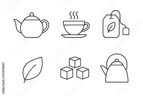 Minimalist tea icons set featuring teapot, cup, tea bag, leaf, sugar cubes, kettle