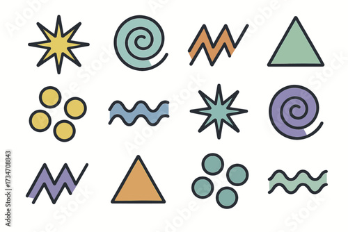 Colorful geometric shapes set with stars, spirals, triangles, and waves