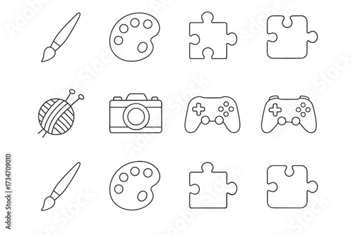 Line art icons of creative hobby tools and puzzle pieces
