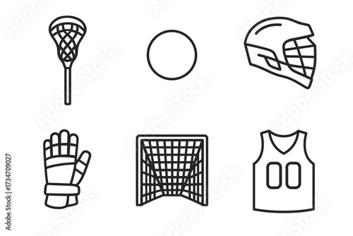 Lacrosse equipment icons: stick, ball, helmet, glove, goal, jersey