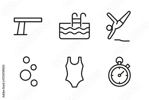 Swimming icons: diving board, pool, swimmer, bubbles, swimsuit, stopwatch