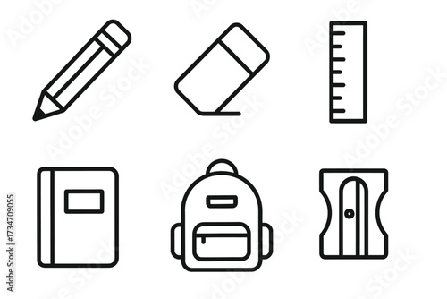 Minimalist school supplies icons: pencil, eraser, ruler, notebook, backpack, sharpener