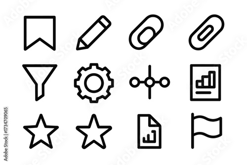 Set of 12 minimalist black line icons for business and office use