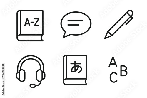 Language learning icons set: book, speech bubble, headphones, pencil, alphabet