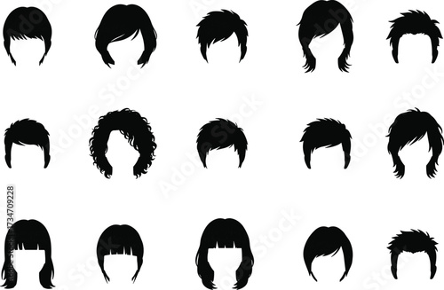 Vector hairstyle silhouettes collection, short haircut icons, curly and straight hair designs, editable barber clipart, modern fashion wig templates