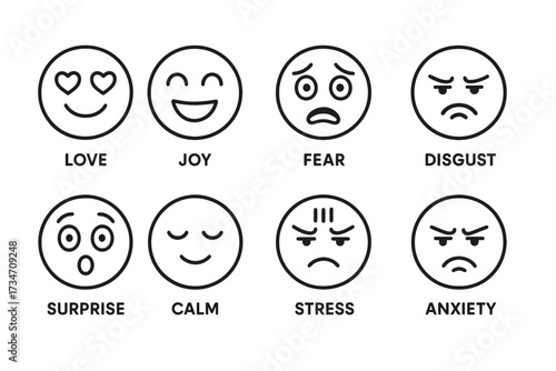 Iconic emotion faces: love, joy, fear, disgust, surprise, calm, stress, anxiety