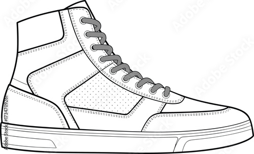High-top sneaker vector illustration, black and white fashion sketch, lace-up shoe design, padded ankle collar, textured sole drawing