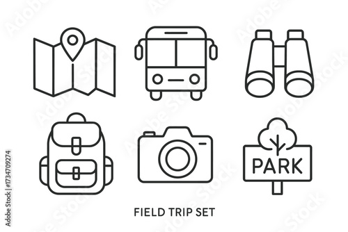 Field trip essentials set: map, bus, binoculars, backpack, camera, park sign icons