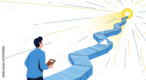 A man walking on a winding path towards a bright goal representing success and achievement