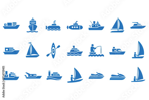 Vector art of collection of various water transport icons includes sailboats, motorboats, submarines, jet skis, and fishing boats, offering a diverse range of maritime vessels