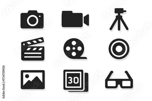 Film and photography icons set featuring cameras and equipment