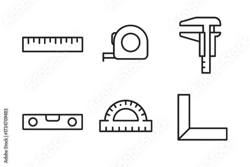 Outline icons of measuring tools: ruler, tape measure, caliper, spirit level, protractor, l-square