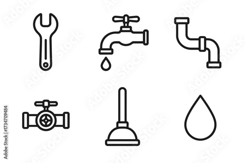 Collection of plumbing tools and symbols including wrench, faucet, pipe, valve, plunger, and water drop