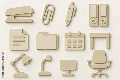Minimalist office icons: stapler, paperclip, pen, binders, desk, lamp, chair, computer
