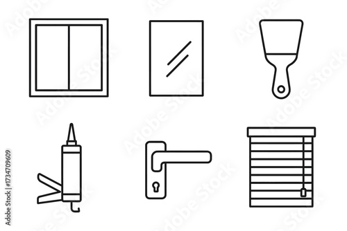 Minimalist home renovation icons: window, mirror, spatula, sealant, door handle, blind