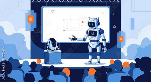 Artificial intelligence conference showcasing humanoid robot and smaller companion in futuristic
