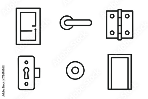 Minimalist black and white home hardware icons: door, handle, hinge, keyhole