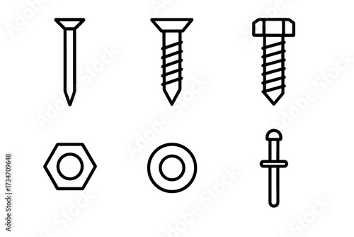 Various types of screws and fasteners icons in black and white
