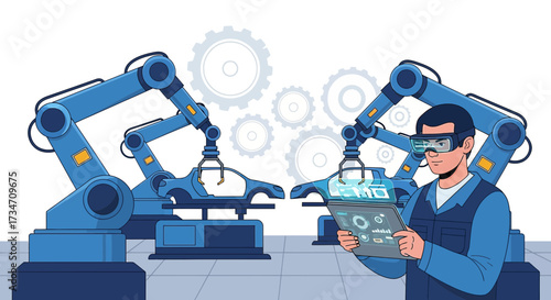 Automated car production line monitored by engineer with augmented reality glasses