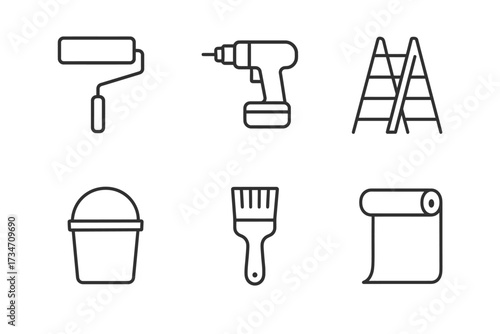 Set of home improvement tools: paint roller, drill, ladder, bucket, brush, wallpaper