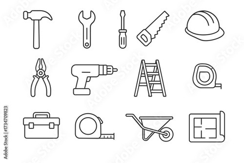 Construction tools line icons set: hammer, drill, ladder, saw, toolbox, tape measure