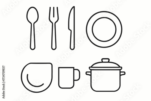 Outlined kitchenware set: spoon, fork, knife, plate, cup, pot