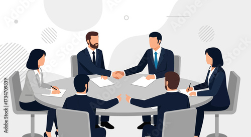 Business meeting with handshake, collaborative team, agreement, corporate discussion and