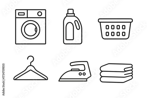 Laundry icons: washing machine, detergent, basket, hanger, iron, towels