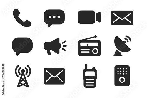 Communication icon set: phone, chat, email, radio, satellite, antenna symbols