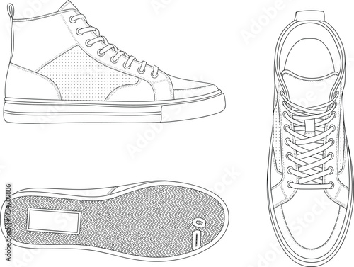 High-top sneaker vector illustration, side top bottom views, black and white shoe sketch, tread pattern, lace-up design, perforated panel
