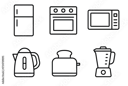 Essential kitchen appliances icons: refrigerator, stove, microwave, kettle, toaster, blender