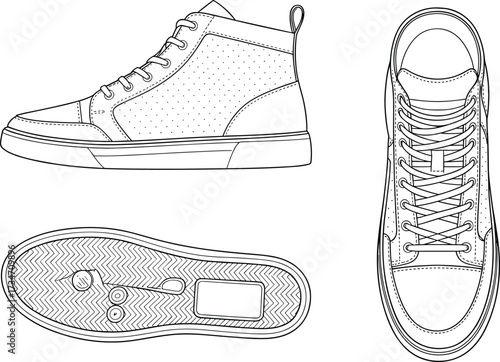 High-top sneaker technical vector, side top bottom views, black and white shoe illustration, tread pattern, lace-up design, perforated panel