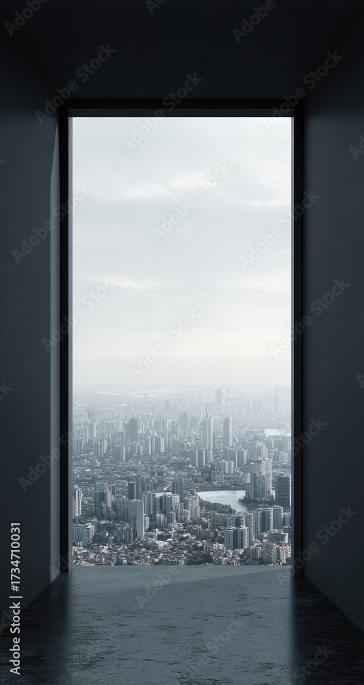 Fototapeta premium City vista framed by dark walls, open doorway, and gray sky