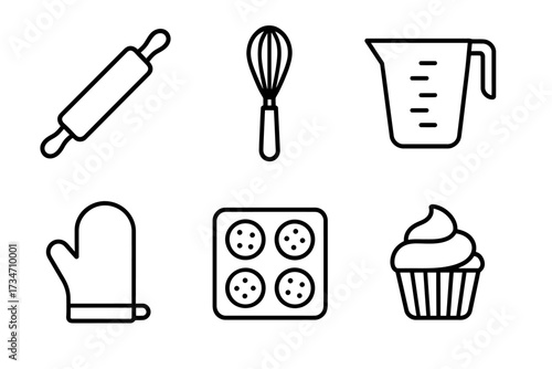 Baking tools: rolling pin, whisk, measuring cup, oven mitt, muffin tray, cupcake icon set