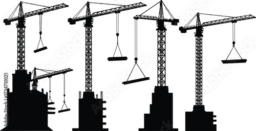 Construction tower cranes silhouette set with building structures, heavy machinery lifting equipment, industrial city development vector illustration for design.