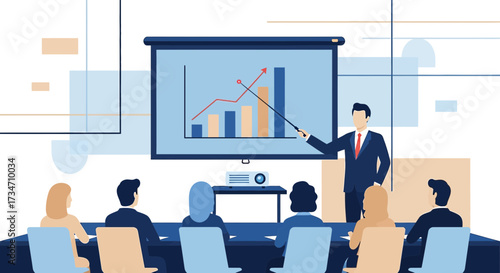 Business presentation with rising graph, meeting with the boss and employees in the office