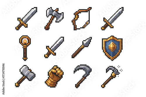 Collection of pixel art medieval fantasy weapons and shield