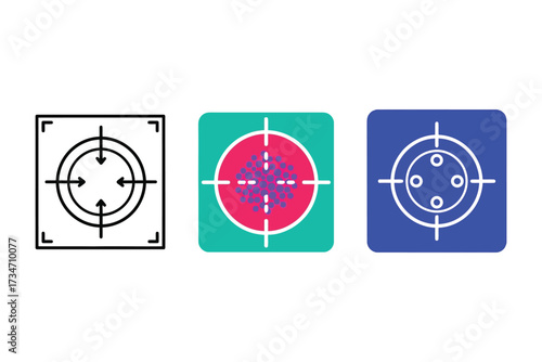 Vector art of three target icons in different styles one is a line drawing, one is colorful, and one is blue a symbol for accuracy and precision