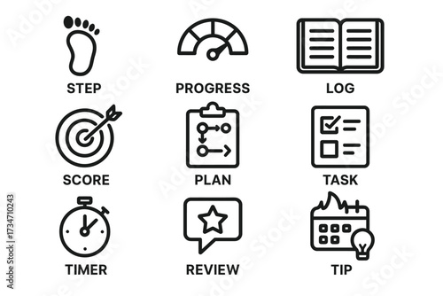 Icon set representing progress, planning, scoring, and organizing tasks