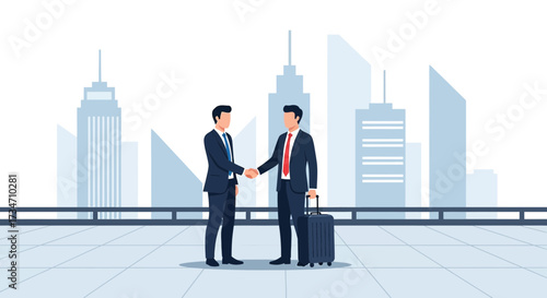 Business travel handshake agreement between entrepreneurs, city skyline backdrop offers a modern