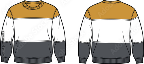Color-blocked sweater vector illustration, front and back views, mustard white gray fashion sketch, ribbed neckline, cuffs, hem, kids apparel