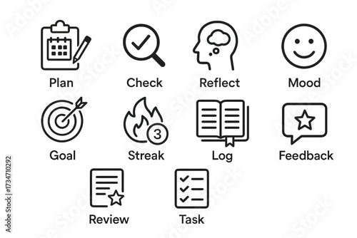 Icons for planning, goal setting, and task management in black and white