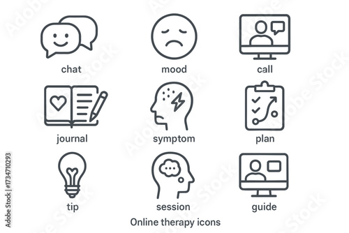 Online therapy icons: chat, mood, call, journal, symptom, plan, tip, session, guide