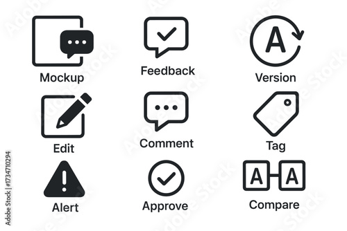 User interface icons: mockup feedback version edit comment tag alert approve compare